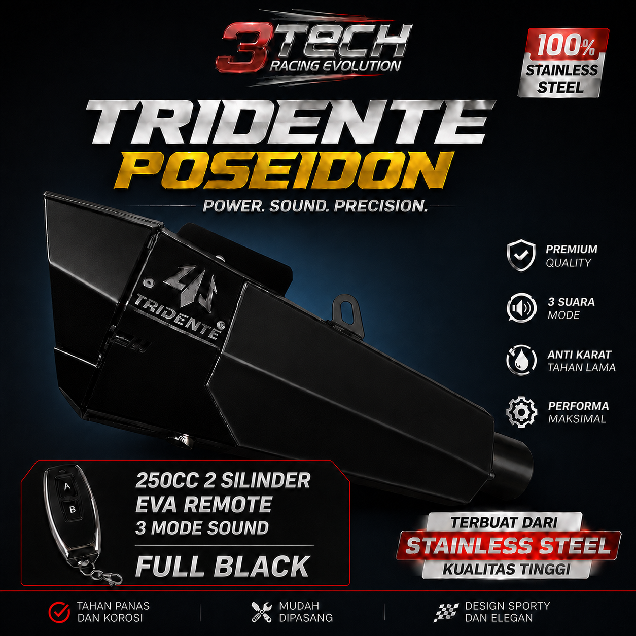 Knalpot Tridente Poseidon Robotics EVA Remote untuk motor 250cc 2 silinder warna Full Black