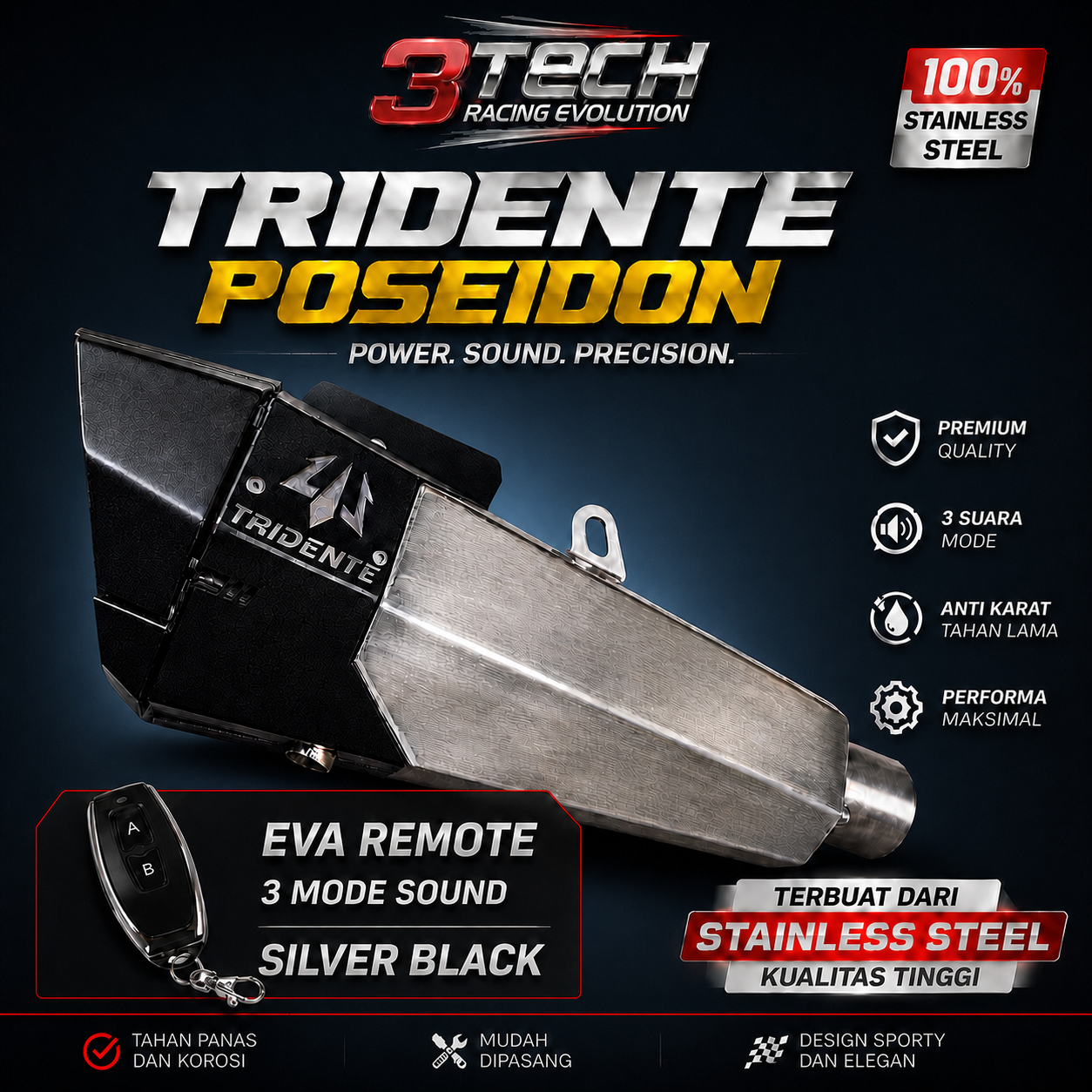 Knalpot Tridente Poseidon Robotics EVA Remote untuk motor 250cc 2 silinder warna Silver Black