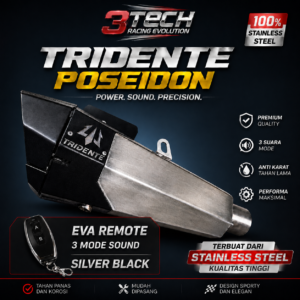 Knalpot Tridente Poseidon Robotics EVA Remote untuk motor matic 110–125cc warna Silver Black