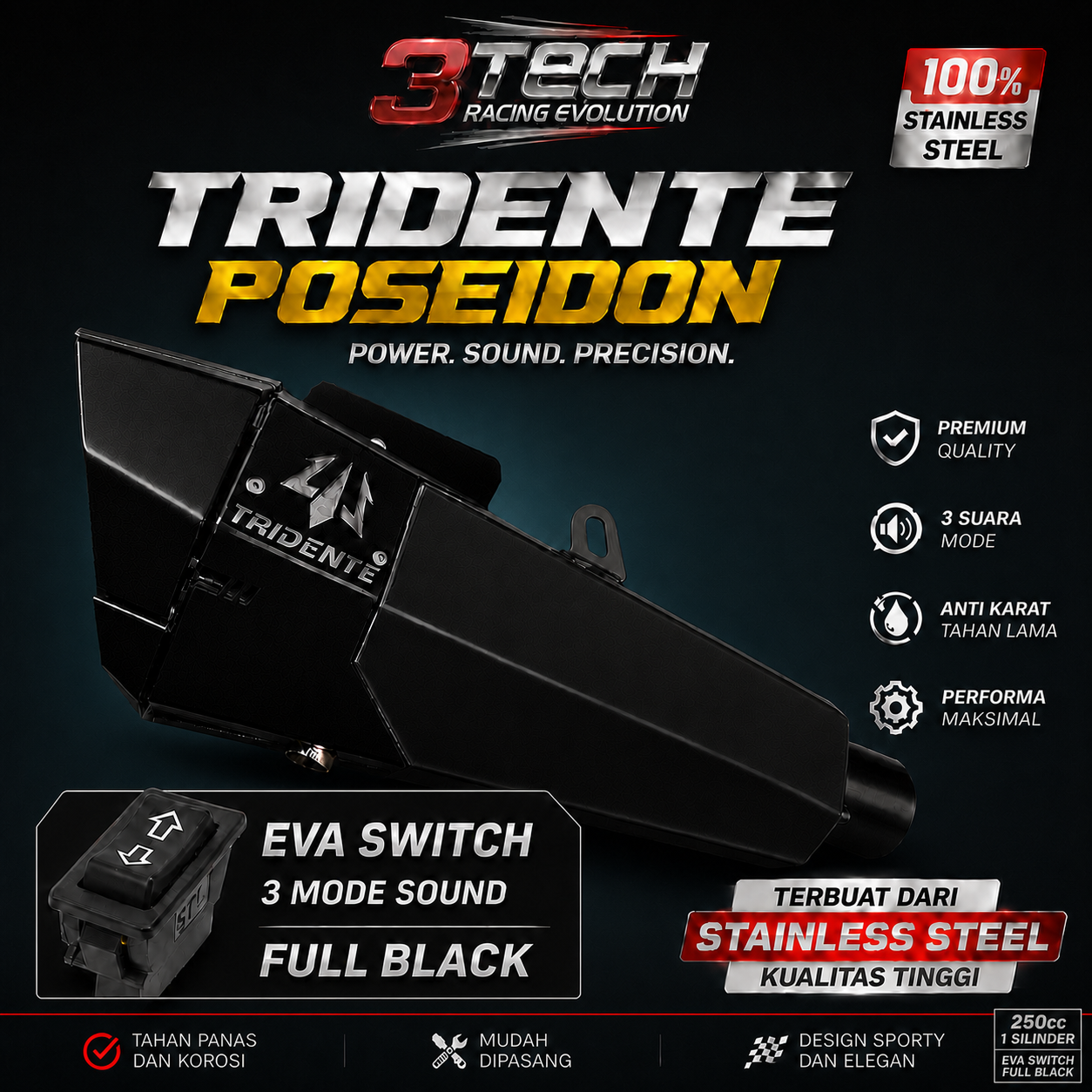 Knalpot Tridente Poseidon Robotics EVA Switch untuk motor 250cc 1 silinder warna Full Black
