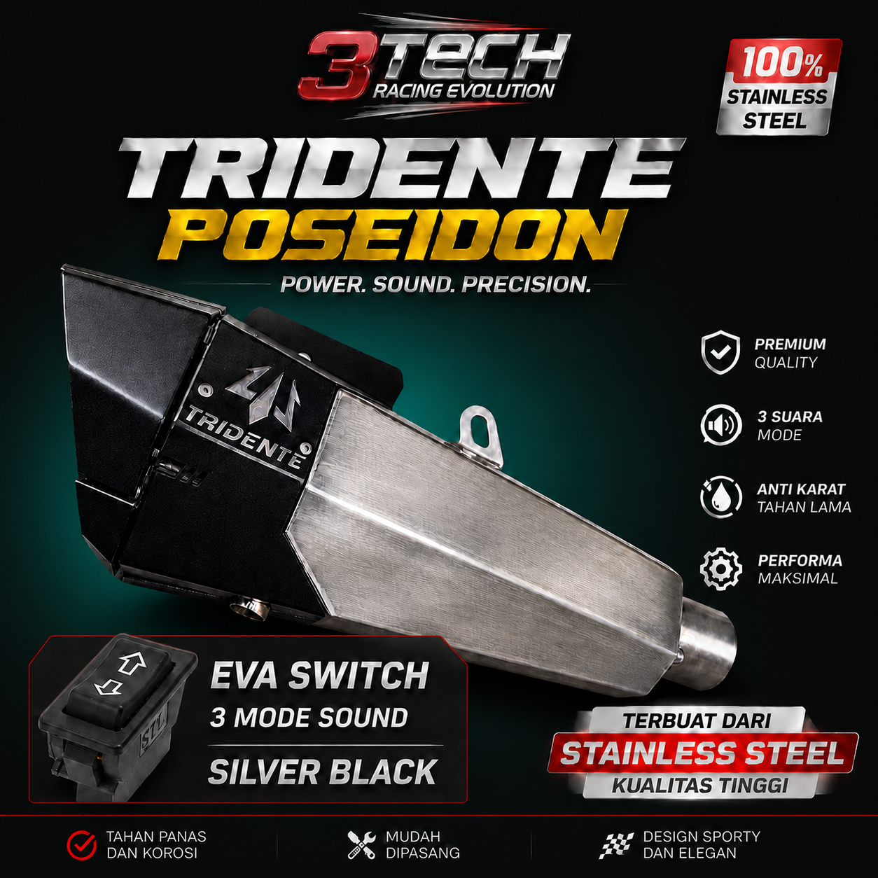 Knalpot Tridente Poseidon Robotics EVA Switch untuk motor 250cc 1 silinder warna Silver Black