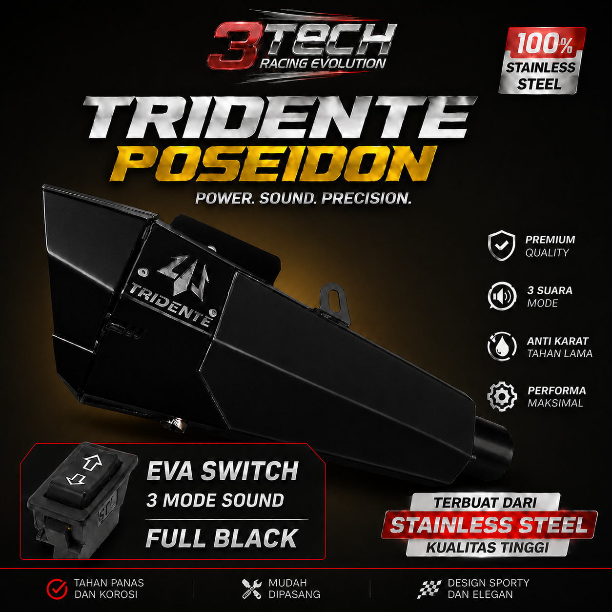 Knalpot Tridente Poseidon Robotics EVA Switch untuk motor bebek 150cc warna Full Black