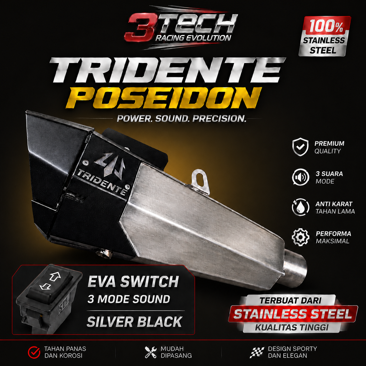 Knalpot Tridente Poseidon Robotics EVA Switch untuk motor bebek 150cc warna Silver Black