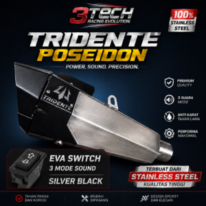 Knalpot Tridente Poseidon Robotics EVA Switch untuk motor matic 110–125cc warna Silver Black