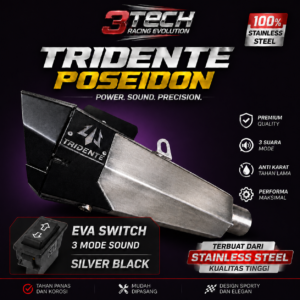 Knalpot Tridente Poseidon Robotics EVA Switch untuk motor matic 150–160cc warna Silver Black